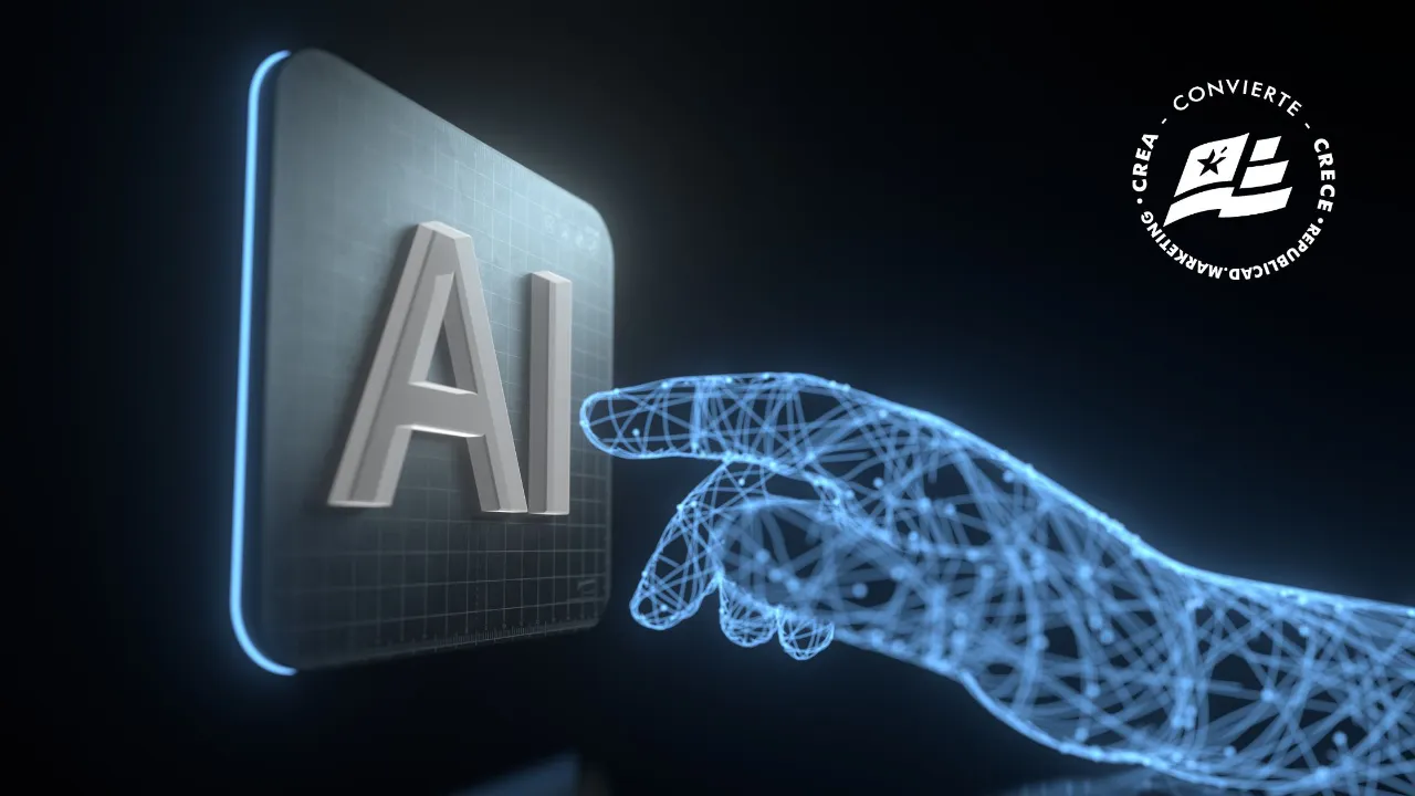 una mano tocando el logotipo que simula empresas de inteligencia artificial